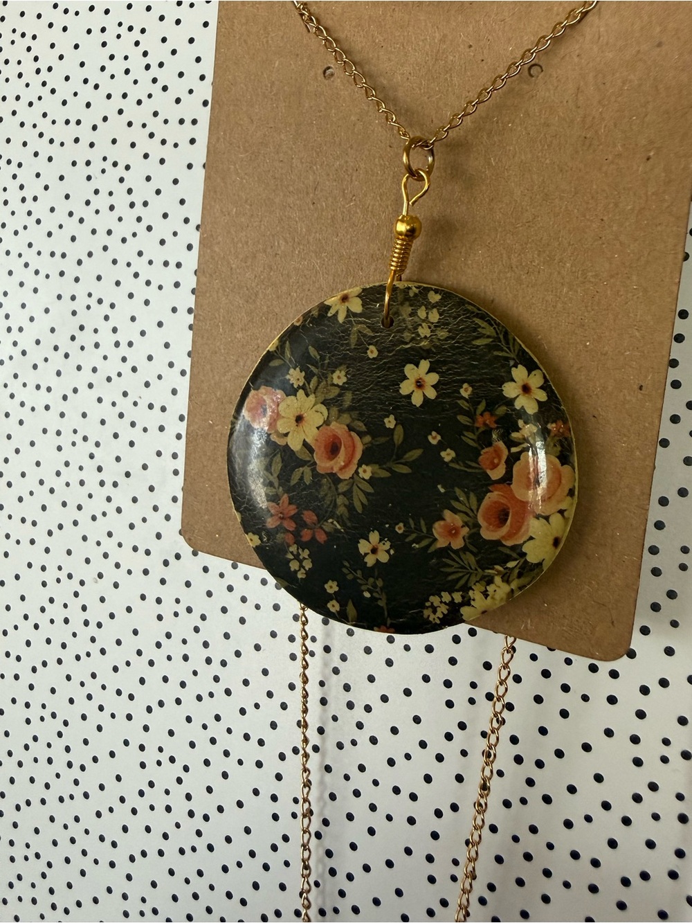 Necklace Pendant - Black and Peach Floral Design